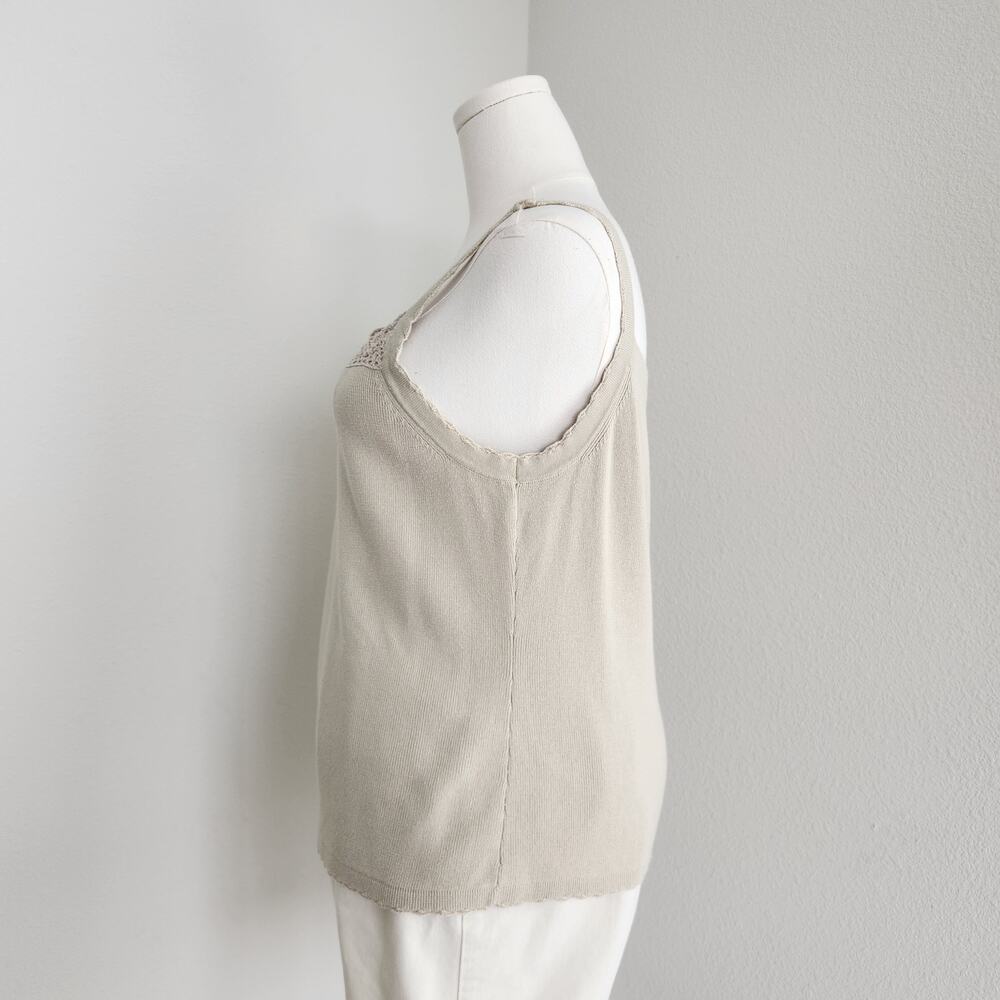 Vintage 90s Beige Knit Crochet Trim Tank Top Square Neck Sleeveless Sweater XL - Picture 5 of 9